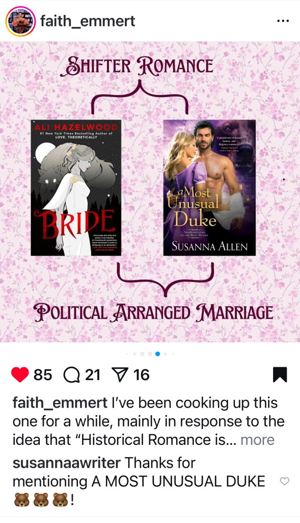 Screenshot of an Instagram post that depicts the cover of Ali Hazelwood's Bride next to the cover of A Most Unusual Duke